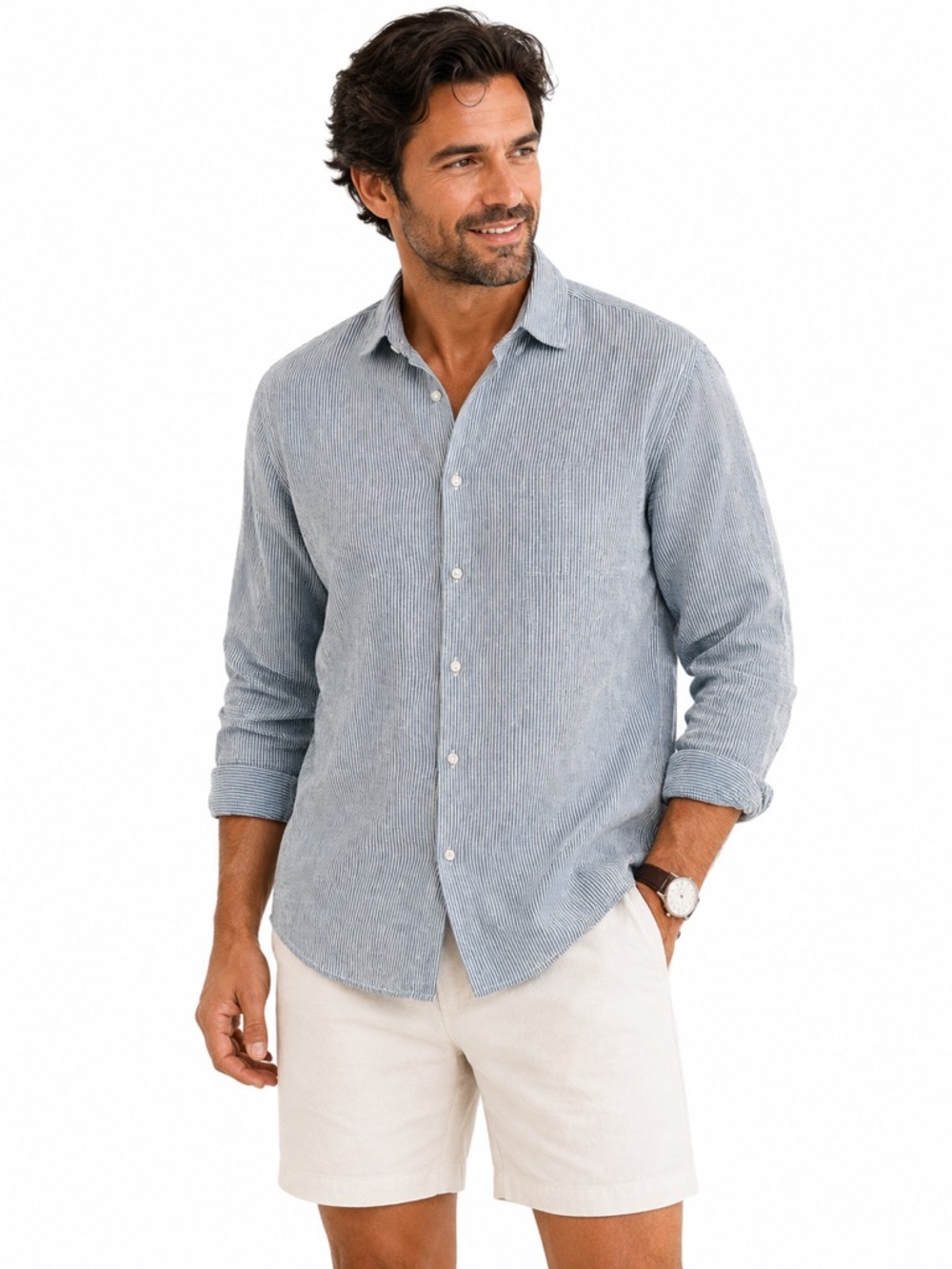 Joseph Abboud Linen Blend Striped Button Down Shirt XXXL Modern Fit Indigo Blue